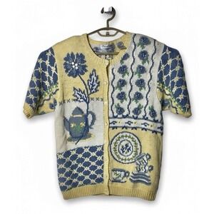 Hand Knitted spring Sweater Cardigan Cottagecore Floral Patchwork Garden Mori Lg